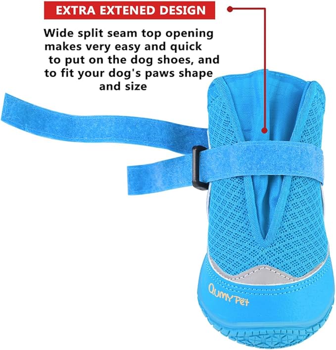 QUMY 4PCS Dog Boots for Large Dogs, Medium Dog Shoes & Paw Protectors for Hot Pavement, Summer Heat Protection, Mesh Breathable Nonslip Dog Booties for Hardfloors, Walking Running Hiking Blue Size 7