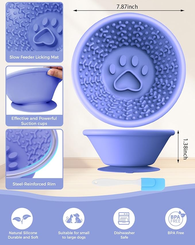 Dog Slow Feeder to Prevent Fast Eating, Dog Lick Bowl with Non-Slip Suction Base, Chew-Resistant Steel Rim & BPA-Free Silicone, Helps Extend Mealtime & Keep Dogs Calm(Purple)