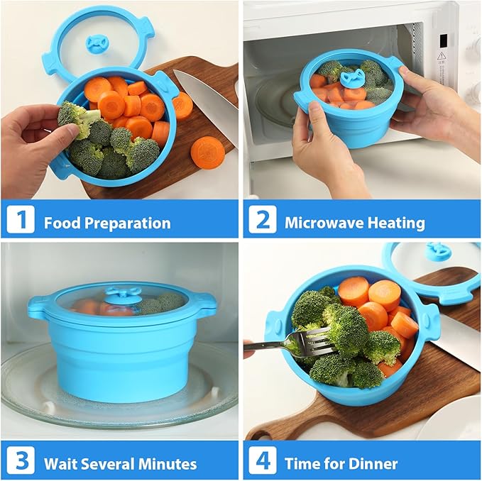 Collapsible Silicone Microwave Cookware Cooker Steamer for Cooking with Lids, 0.8L and 1.4L Glass Food Storage Container Sealed Bowl Mixing Bowls 2pc Set BPA Free