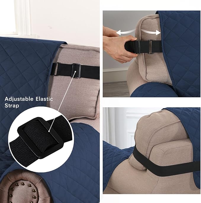 H.VERSAILTEX Reversible Chair Cover for Dogs Pet Water Repellent Sofa Cover Chair Slipcover 2" Thick Strap Slip-Resistant Chair Protector Soft Quilted Seat Width Up to 21"(Armchair, Navy/Beige)