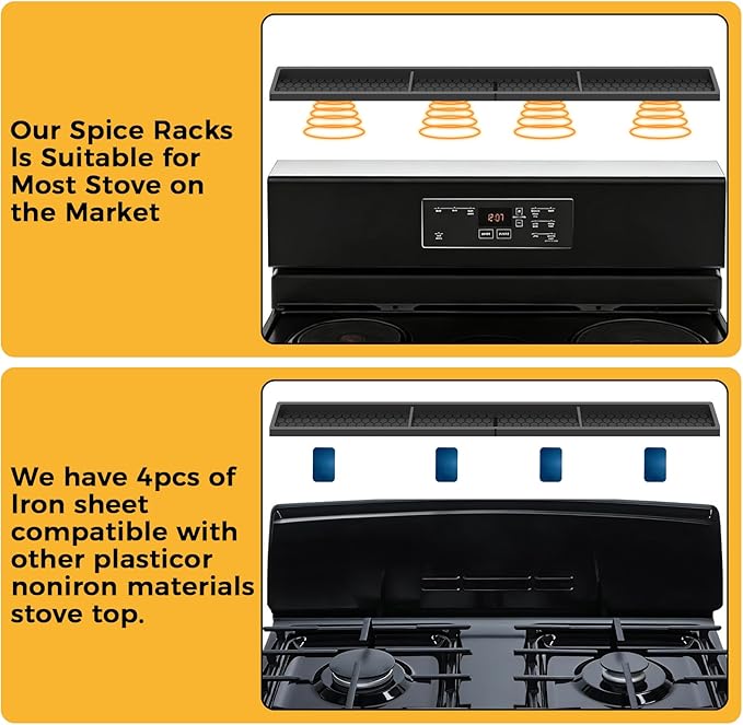 BFONS 30 Inch Silicone Magnetic Stove Top Shelf, Kitchen Shelf Over Stove Spice Rack Apartment Must Haves Kitchen Gadgets for Above Stovetop Seasoning Organization and Storage Thickened Black