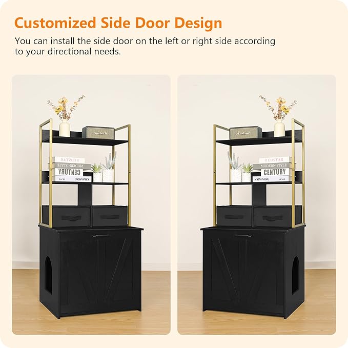 DWANTON Litter Box Enclosure with 2 Storage Shelves and 2 Drawers, 2-in-1 Hidden Cat Litter Box Enclosure Furniture with Shelf, Reversible Entrance, Washable Drawers, 50-Inch, Black+Gold
