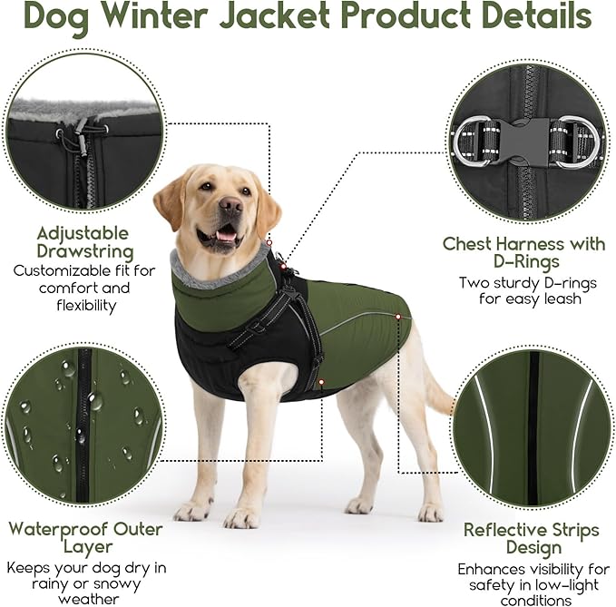 ASENKU Reflective Dog Coat with Built-in Harness, Windproof Fleece-Lined Dog Jacket for Small, Medium, Large Dogs, Warm Winter Vest with Turtleneck & Zipper (Green M)