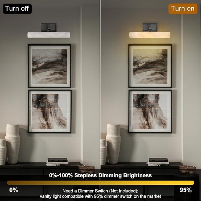 Alabaster Picture Light Hardwired, Modern Spanish Marble Bathroom Lights over Mirror, 12in Black Vanity Lights for Wall, Dimmable Gallery Light, Picture Frame Light for Painting, Artwork, Bookcase
