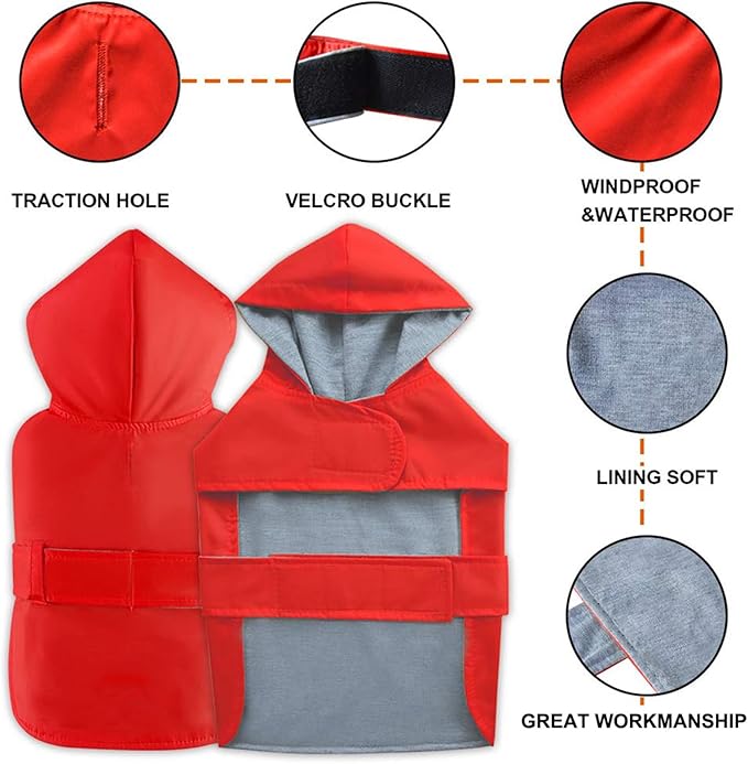 Dog Raincoat Dog Rain Jacket Poncho Waterproof Snowproof Pet Rain Suit Lined Warm Lining Hooded Leash Hole Adjustable Puppy Small Medium Dogs,Red,XL