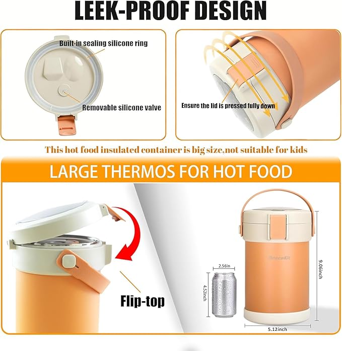 67oz Adults Thermo for Hot Food Kit 2L 9.06in 3 Layer Stainless Steel Vacuum Soup Food Thermo Hot Food Jar Bento Box for Men, Women, Suitable insulated Lunch Box for 12+ Camping, Office & Travel Use