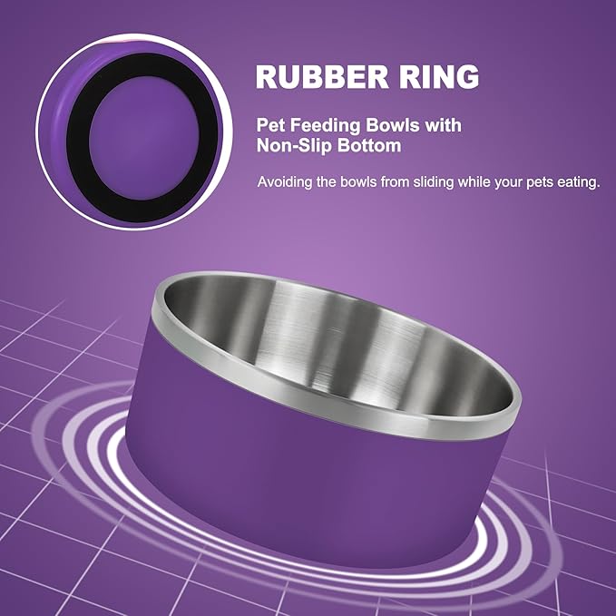 LIHONG Stainless Steel Dog Bowls for Large Dogs,Dog Food Water Bowls with Non Slip Rubber Bottom,Pet Feeding Bowl,Double Wall Insulated,Rustproof(64oz,Purple)