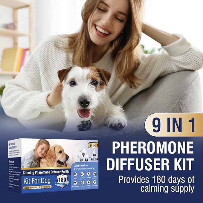 Dog Pheromones Calming Diffuser Kit Appeasing Pheromone Diffuser to Calm (3 Plug in+ 6 Pack 48ml Refill) for Anxiety Relieve Relief Reduce Aggression Fighting Barking Stress 180 Day Supply