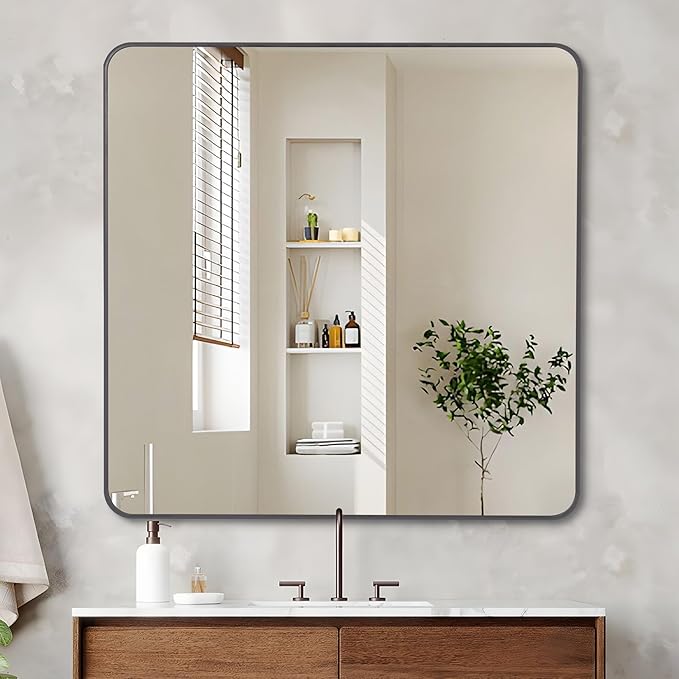 36" x 36"Bathroom Mirror, Matte Black Wall Mirror with Metal Frame, Decorative Rectangular Vanity Mirror for Bedroom Bathroom Living Room Entryway (Horizontal/Vertical)