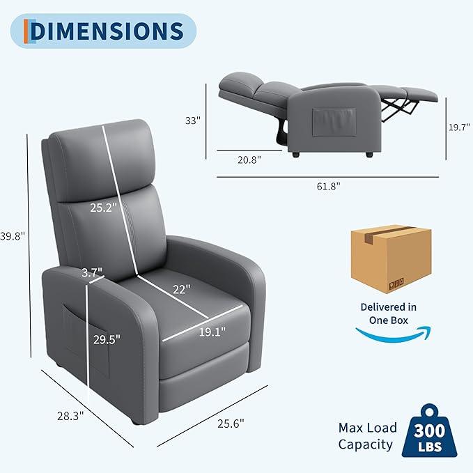 Garvee Recliner Chair for Adults, PU Leather Lazy Recliner Ergonomic Adjustable Single Sofa Enhanced with Side Pocket, Tall Back, Wide Arms & Padded Seat, Home Theater Seating for Living Room