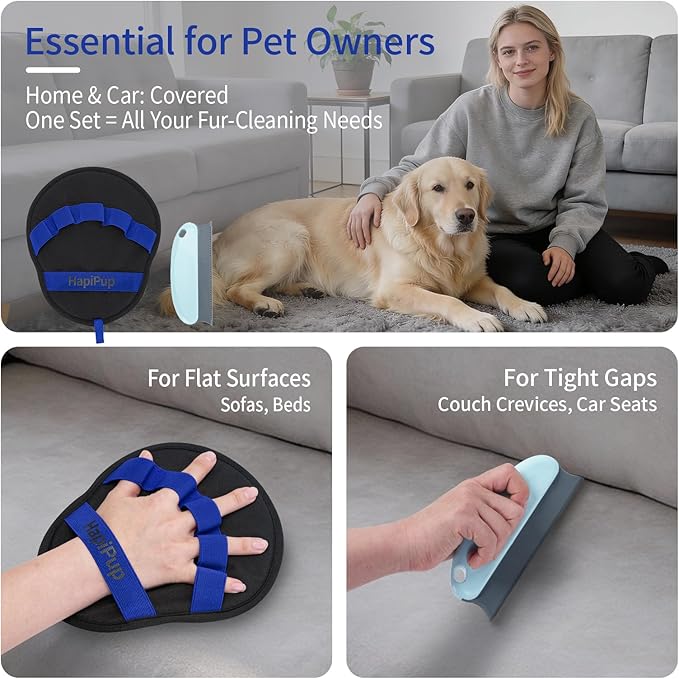 2 PCS Pet Hair Removal Glove, Magic Brush Electrostatic Mitt for Dogs & Cats, Reusable Grooming Gloves - Dog Hair Remover Tool with 5-Finger Design for Couch, Carpet, Clothing & Car Seat(Blue)