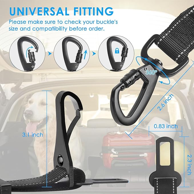 2 Pack Black Dog Seat Belt, Adjustable Dog Car Safety Belt with Reflective Bungee, Rotatable Carabiner, Suitable for Medium to Large Dogs Up to 150 lbs