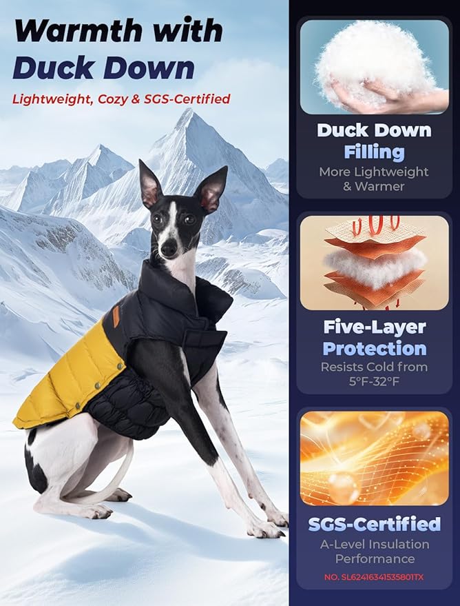 SPACE LION Dog Puffer Jacket, Down Winter Coat, Durable Outdoor Coat for Cold and Windy Conditions, Lightweight & Adjustable Fit Coats for Medium & Large Dogs, (BlackKhaki, Size20/XL)