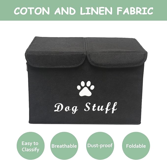 Geyecete Large Storage Boxes - Large Linen Fabric Foldable Storage Cubes Bin Box Containers with Lid and Handles for Dog Apparel & Accessories, Dog Toys(Black)