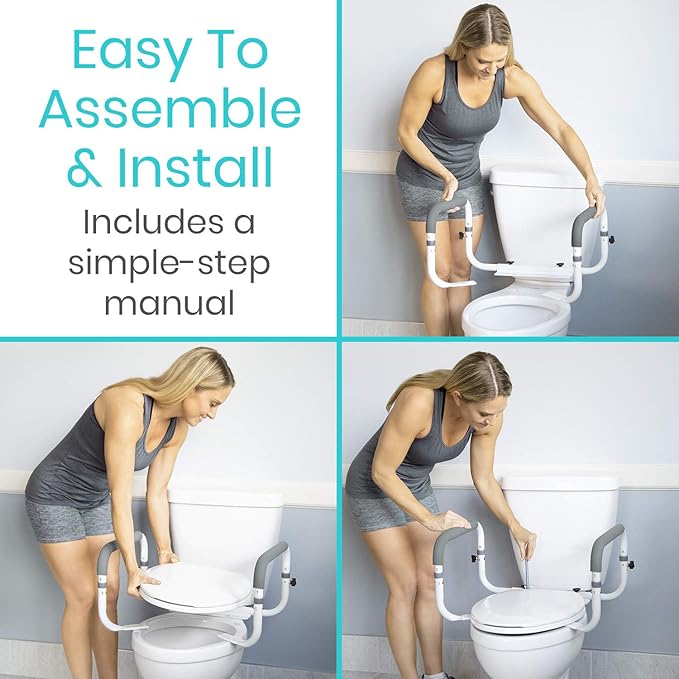 Vive Toilet Safety Rail - Adjustable Grab Bar - Compact Support Frame with Handrail for Bathroom Toilet Seat - Easy Installation for Handicap Senior Bariatrics, Elderly Balance - Padded Hand Armrest