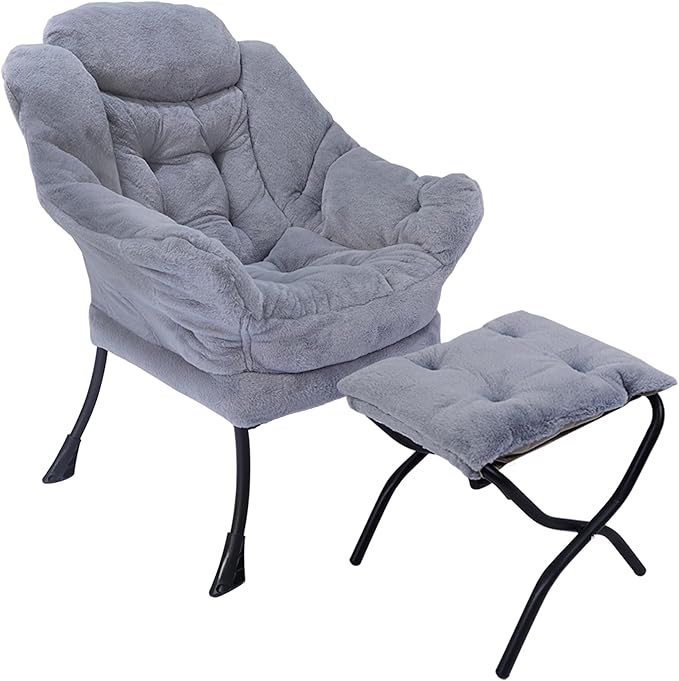 Kokel Lazy Chair with Folding Ottoman,Living Room Chairs, Accent Contemporary Lounge Chair, Single Steel Frame Leisure Sofa Chair with Armrests and A Side Pocket (TM10GRAY)