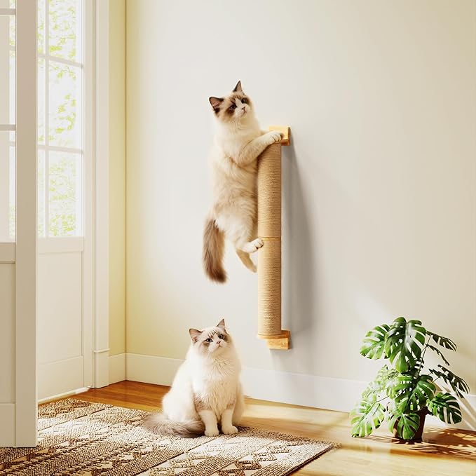 Cat Wall Scratcher Post- 24" Thicker Columns Wall Mounted Rubber Wood Sisal Scratching Post Furniture for Large Cats and Kittens