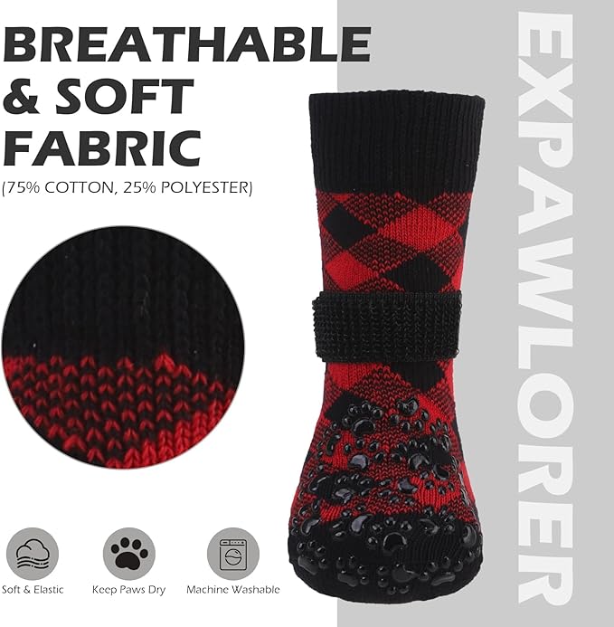 EXPAWLORER Dog Socks for Cold Winter Snow to Prevent Licking Paws, Anti Slip Doggie Booties Grippy Shoes for Hardwood Floors, Boots & Paw Protectors for Small Medium Large Senior Dogs Red Black L
