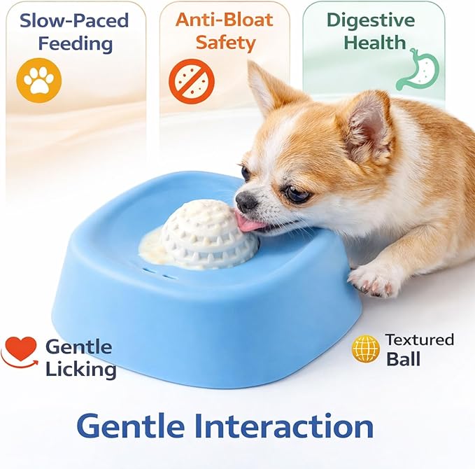 Interactive Slow Feeder Dog Lick Bowl for Liquid Treats Anti-Slip Ball-in-Bowl Design for Anxiety Relief Boredom Reduction, 3/4 Cup Capacity for Wet Food Yogurt More Ideal for Small Breeds
