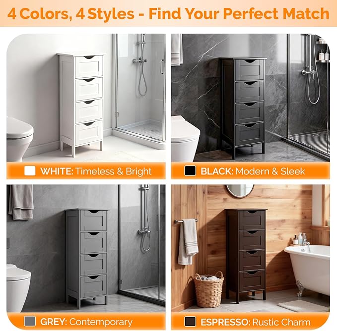VINGLI Black Bathroom Storage Cabinet with 4 Drawers, Slim Freestanding Floor Cabinet for Small Spaces, Narrow Side Organizer Storage Unit for Restroom, Living Room & Kitchen, Farmhouse Style