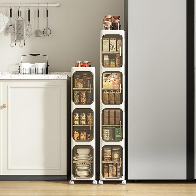 4 Tier Slim Bathroom Storage Cabinet, Narrow Organizer with Wheels and Toilet Paper Holder, Waterproof, No Assembly Required, Perfect for Small Spaces in Bathroom, Kitchen and Living Room