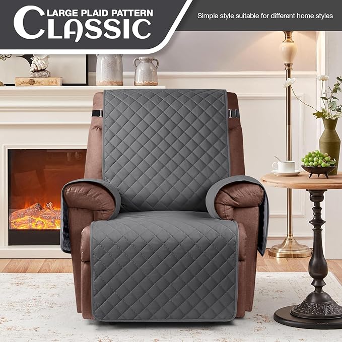 KinCam 100% Waterproof Recliner Chair Cover, Reclining Couch Covers for Pets, Dogs, Recliner Couch Slipcover Furniture Protector with Elastic Straps for Kids(25", Charcoal Gray)