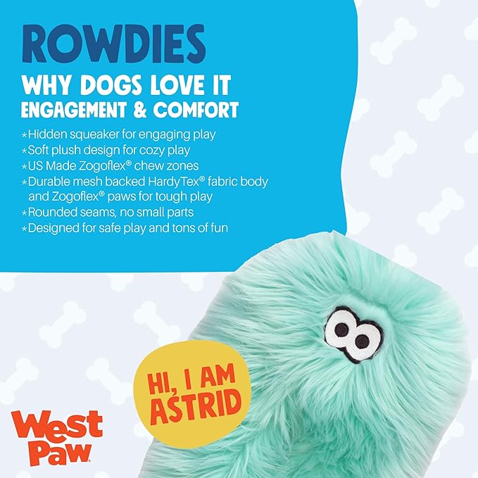 WEST PAW Rowdies Astrid Durable Plush Dog Toy with Reinforced Seams and Chew Resistant Design for Tough Play Safe Indoor or Outdoor Fun for Dogs Who Deserve the Best - Seafoam