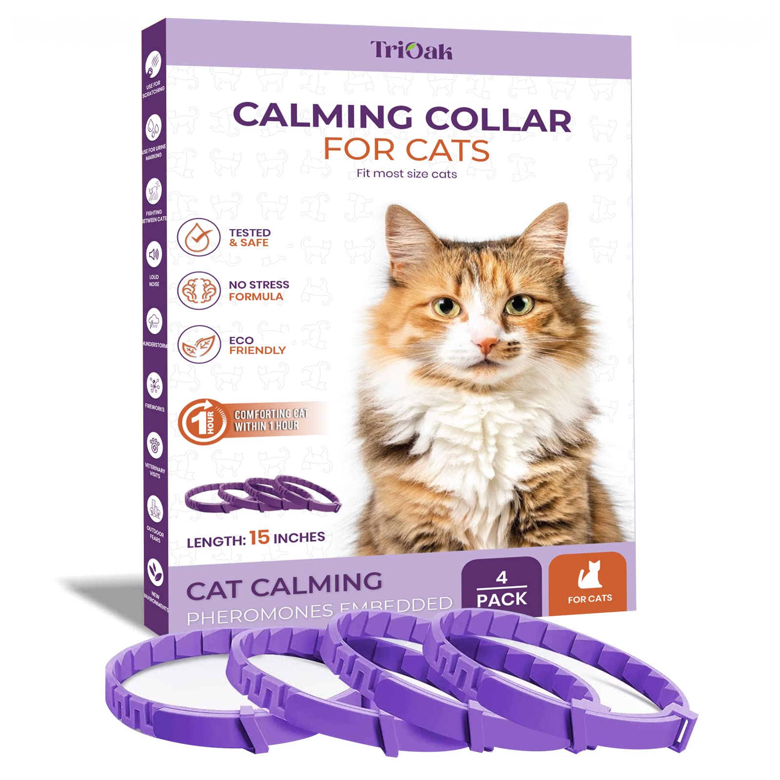 Pheromone Calming Collar for Cats: Breakaway Cat Calming Collar for Anxiety, Separation Stress, Multicat Aggression, Spraying, Meowing - for Indoor Use, Moving & Travel, 4 Pack (Purple)