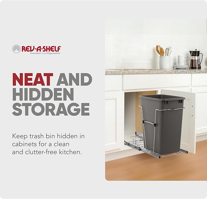 Rev-A-Shelf Pullout Trash Can for Kitchen Cabinets 35 Qt Garbage Waste Recycling Bin with Full Extension Slides, Orion Gray, RV-12KD-13C-S