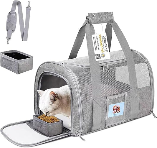 Gray pet carrier with a cat inside, food bowl, and attached leash on a white background