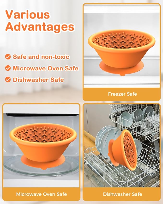 Dog Slow Feeder Lick Bowl to Prevent Fast Eating, Steel Reinforced Rim, Non-Slip Suction Base, BPA-Free Silicone, Dishwasher & Freezer Safe, Helps Extend Mealtime & Keep Dogs Calm(Orange)