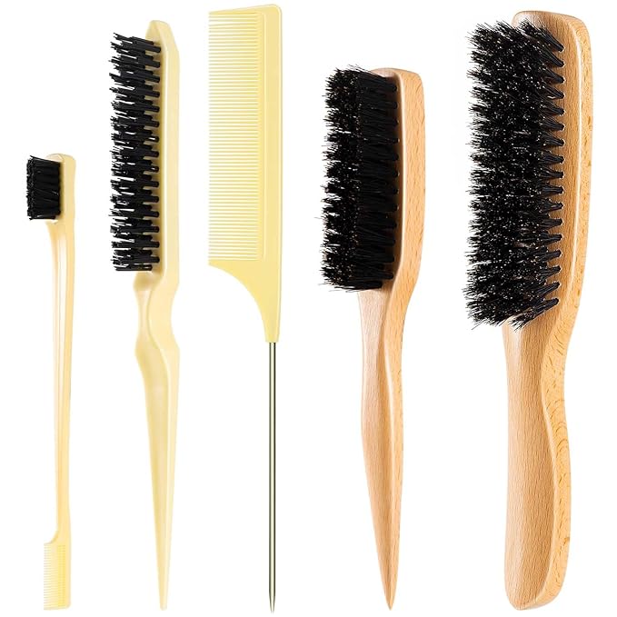 5PCS Slick Back Hair Brush Set, Soft Natural Boar Bristle Hair Brush for Thin & Fine Hair, Rat Tail Comb Edge Teasing Brushes Styling Tool Kit Accessories for Women Kid