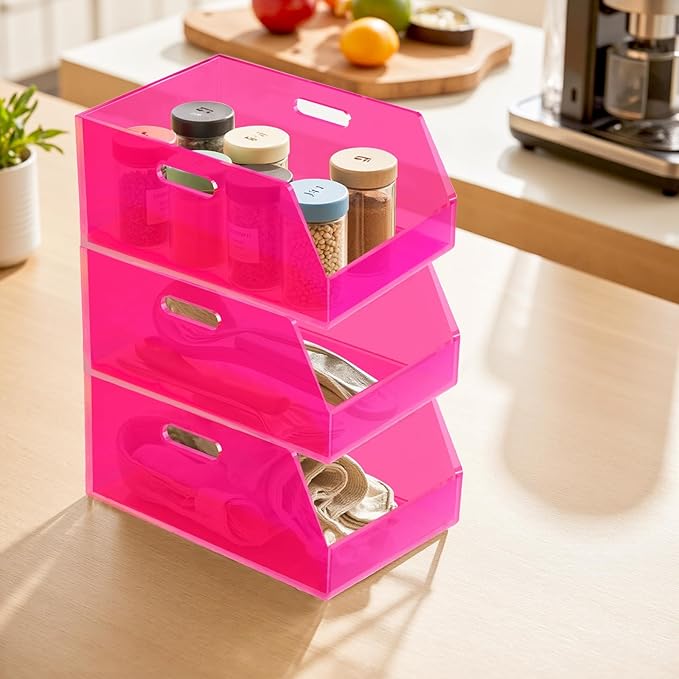 Gelite Stackable Storage Bins Open Front Organizer Bins with Handles Acrylic Storage Container for Pantry Kitchen Cabinet Bathroom Closet Office Organization, 11.4x7.5x5.1'', Neon Pink