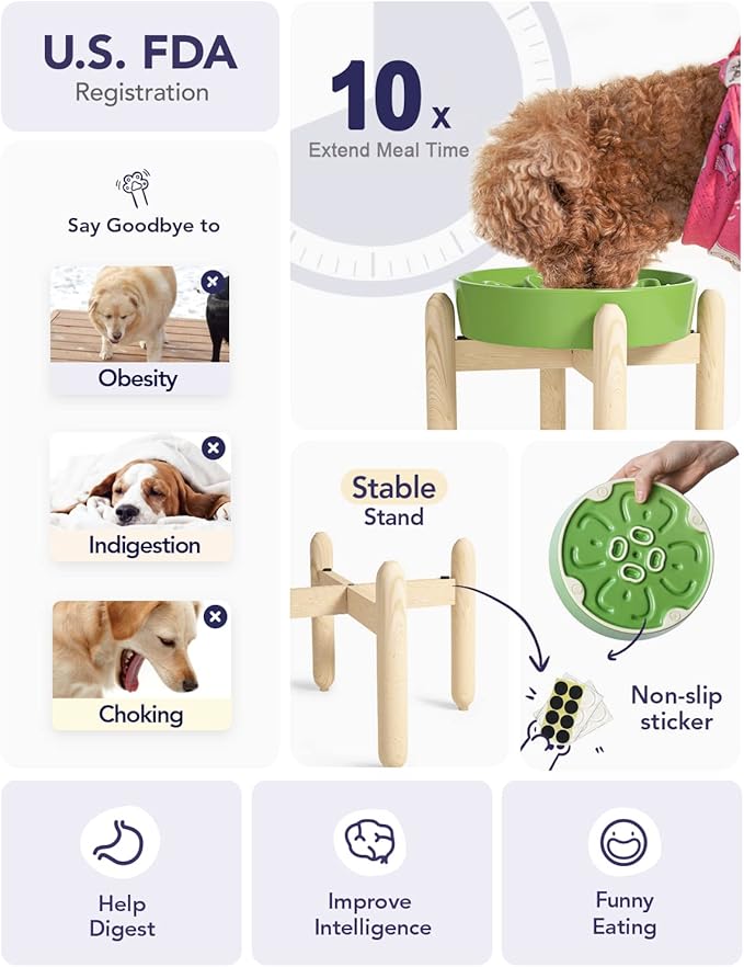 LE TAUCI Ceramic Slow Feeder Raised Dog Bowls with Wooden Stand, Puzzle Feeder, Elevated Dog Dishes to Slow Down Eating, 8 Inch Anti-Gulping Pet Feeding Dishes for Medium Dog