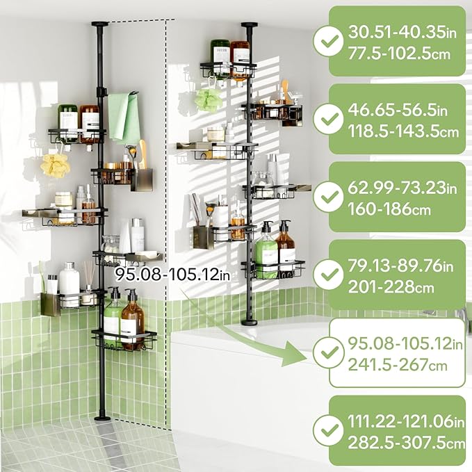 Shower Tension Rod Organizer, 6 Tier Rustproof Corner Shower Caddy Tension Pole with Soap Holder & Hooks, Adjustable 30-121 Inch Bathroom Shelf for Renters - Family Stand Storage Rack, Black