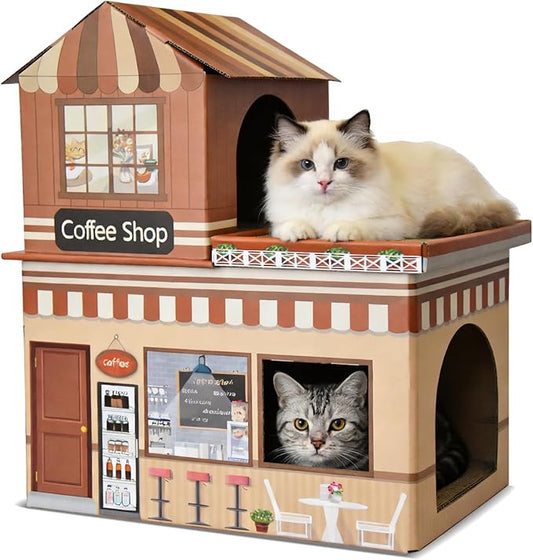 Cardboard Cat House for Indoor Cats, Double Layer Cat Scratcher House for Large Kitty Rabbit Bunny, Scratch & Sleep 2 in 1 Design, Durable & Easy to Assemble Scratching Bed(Coffee Bar)