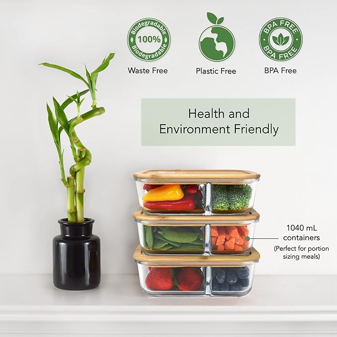 Glass Meal Prep Containers with Bamboo Lids, 2 Compartment Glass Bento Box Container Set (3 Pack) | 100% Plastic Free, Eco-Friendly, Lunch Containers with Lids Made of Bamboo - Set of 3