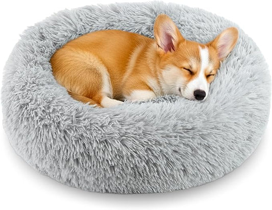 Calming Anti-Anxiety Donuts Dog And Cat Bed, Round Fluffy Soft Washable Small Medium Pet Bed For Puppy And Kitten, Cuddler Warming Comfortable Cushion, Luxury Anti-Slip Waterproof Mute Base 20in Gray