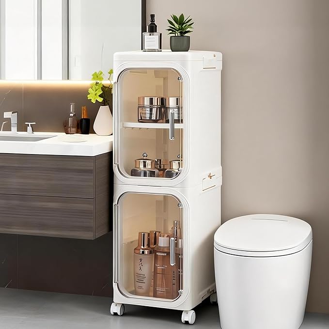 2-Tier Narrow Bathroom Storage Cabinet with Wheels, Plastic Slim Organizer with Adjustable Shelves for Small Spaces,Bathroom, Kitchen, Laundry,Milky White