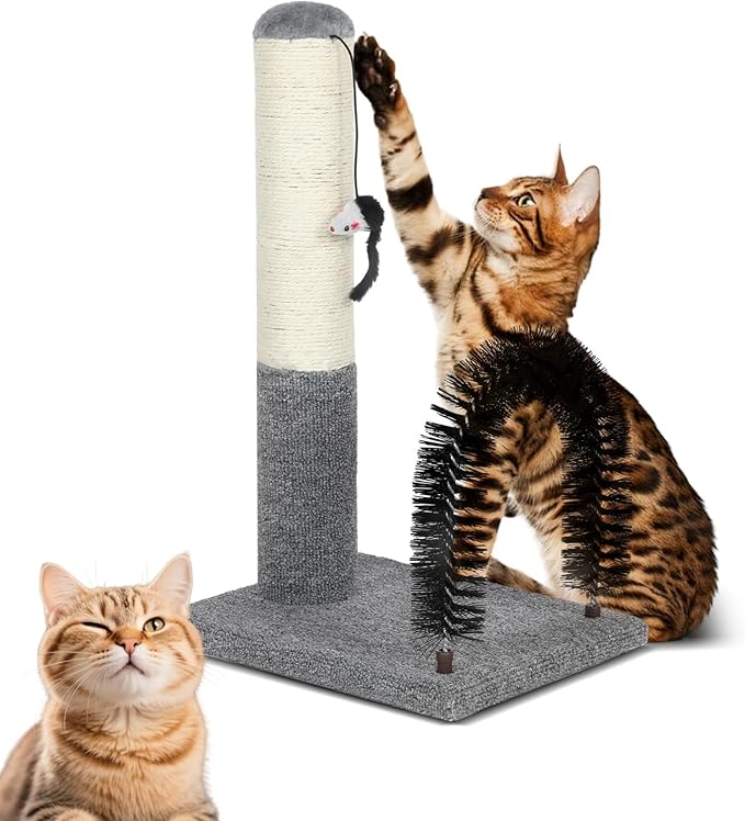 Simple Deluxe Small Cat Scratching Post with Arch Self Groomer, 18 Inches Scratching Post for Indoor Kitten to Adult Cats, Stable Sisal Post with Extra Interactive Dangling Plush Toy, Gray