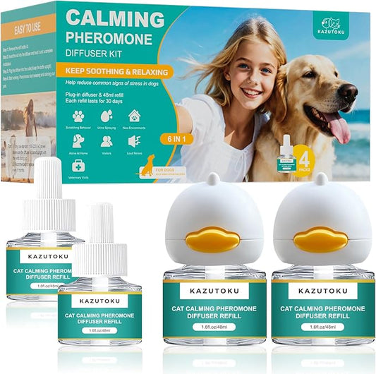 Dog Calming Pheromones Diffuser, 6 in 1 Kit Appeasing Pheromone Diffuser to Calm Dogs, with 2 Plug in Diffuser+4 Refill 48ml 120 Days Supply, Reduce Aggression Fighting Scratching Barking Stress