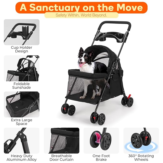 Foldable Pet Stroller for Small/Medium Dogs & Cats up to 22 lbs - Lightweight 4-Wheel Design with Sun Canopy, Storage Basket & Breathable Mesh Windows