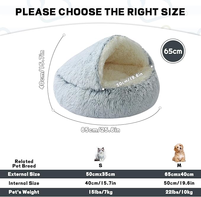 YUDANSI Calming Small Dog Bed & Indoor Cat Bed - Plush Fluffy Hooded Cave Nest, Anti-Slip Self-Warming, Washable Built-in No-Collapsing Support (Grey-65cm/26in)