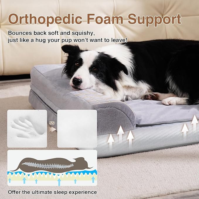 Dog lying on an orthopedic foam support bed with text and graphics about its benefits.