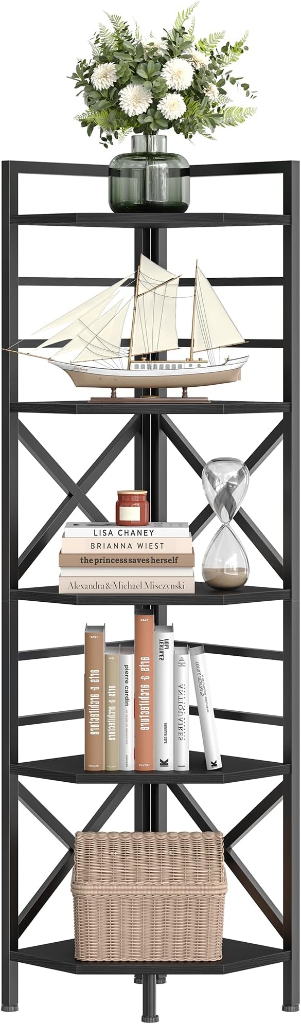 69.3" Corner Shelf 5-Tier, Large Corner Shelving Unit, Freestanding Storage Stand for Bedroom, Living Room, Kitchen, Industrial Engineered Wood Bookshelf Organizer, Black TCJ15BB