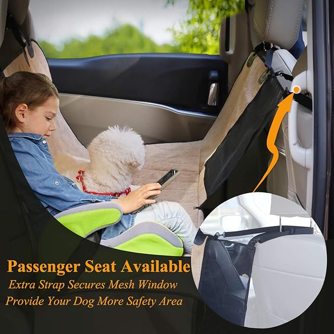 VIVAGLORY Dog Car Seat Covers, Hammock Seat Cover Mesh Visual Window with Extra Strap & Buckles, Waterproof & Nonslip Car Back Seat Cover Convert to Bench Seat Cover & Trunk Liner, Heather Khaki S
