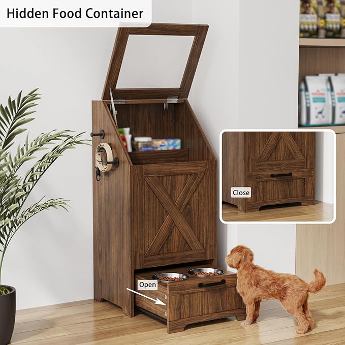 Dog Feeding Station,Dog Food Storage Cabinet,Pet Feeding Station with 2 Elevated Bowls,Hidden Pet Feeder Station with Hooks,Flip Top Pet Storage Organizer for Water,Feeding (Walnut)