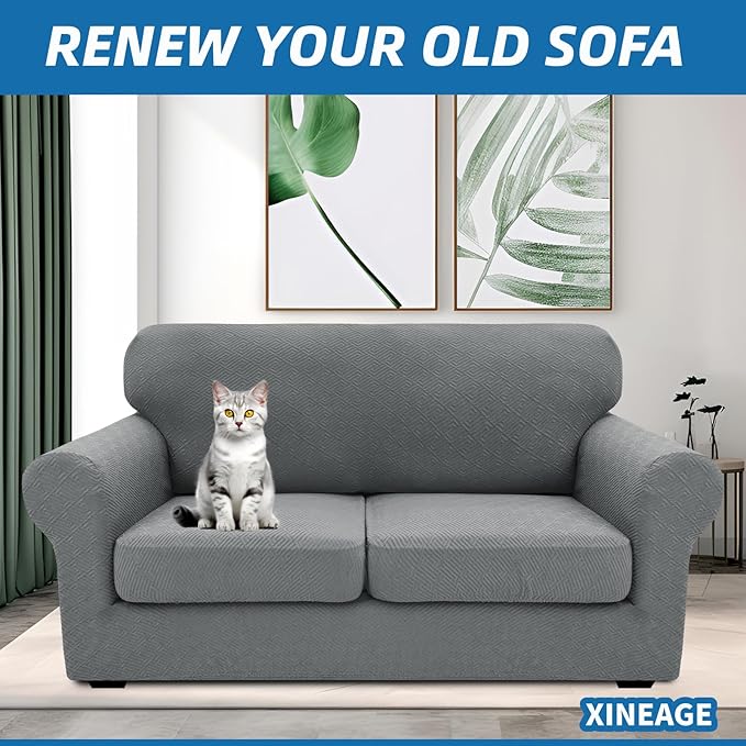 XINEAGE 2025 New 3 Pieces Couch Covers for 2 Cushion Sofa Super Stretch Loveseat Slipcover Pet Dog Universal Slip Cover Anti Slip Love Seat Furniture Protector (Light Gray, 55"-69")