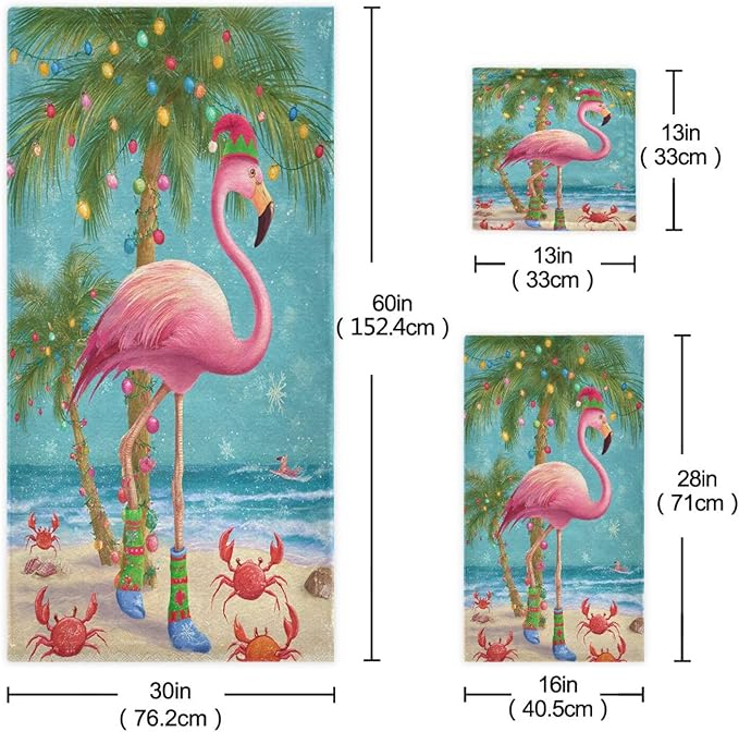 Pfrewn Christmas Winter Towels Set of 3 Christmas Tropical Flamingo Palm Tree Crab Bathroom Towel Soft Absorbent Bath Hand Towels Washcloth Guest Towel Sets Xmas Holiday Decor