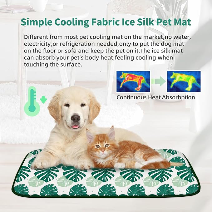 NWK Pet Cooling Mat for Large Dogs -Q-Max>0.345 Ice Silk Cooling Mat for Dogs & Cats Portable & Washable Pet Cooling Blanket, Car Seats, Beds for Summer (Green Leaf, 39'' X 27'' X 0.3'')